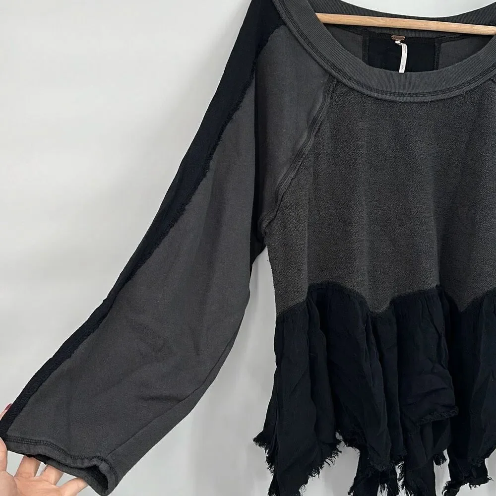 Free People Black Gray Long Sleeve Distressed Boho Peplum Hem Top Size Small